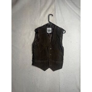 Basic Editions Mens Brown Leather Vest Small Button Front Western Cinch Back
